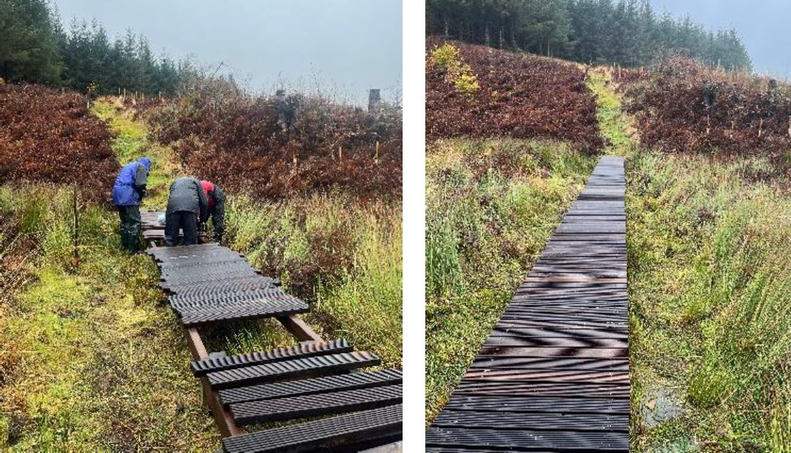 Building a boardwalk across a boggy section of the path at Glenlude 2025